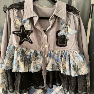 POL Layered Patchwork Jean Jacket in Gray, Black & Blue Plaid